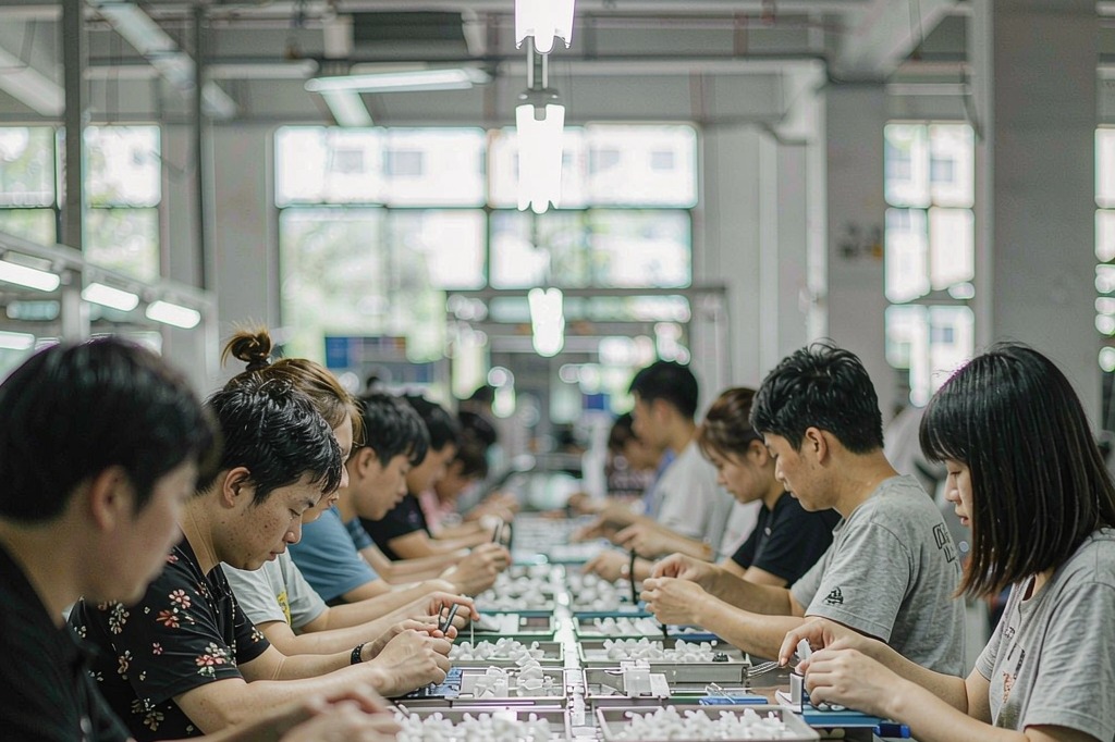 Workers assembling small parts along a long workbench in a factory