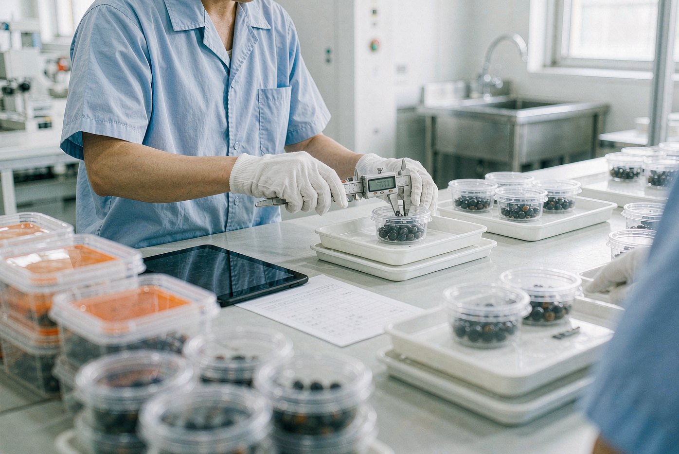 QC technician in a clean production facility measuring packaged products against an approved sample