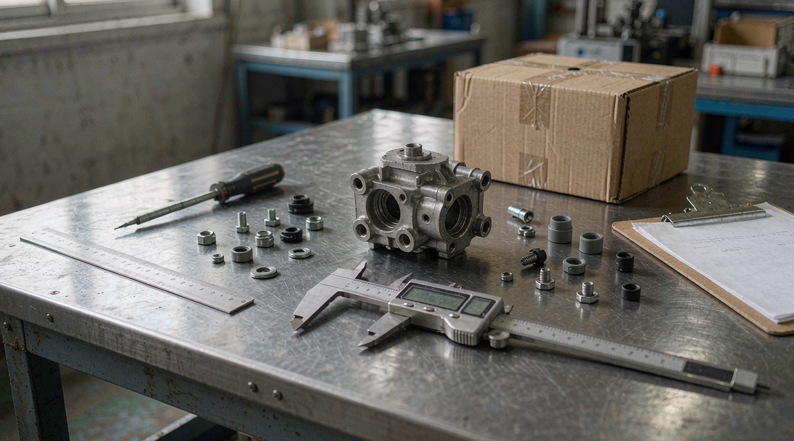 A product sample measured with a digital caliper beside tools, components, and an inspection checklist on a factory workbench