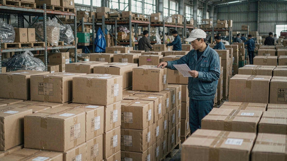 Sealed cartons stacked on pallets in a warehouse while a worker checks a packing list