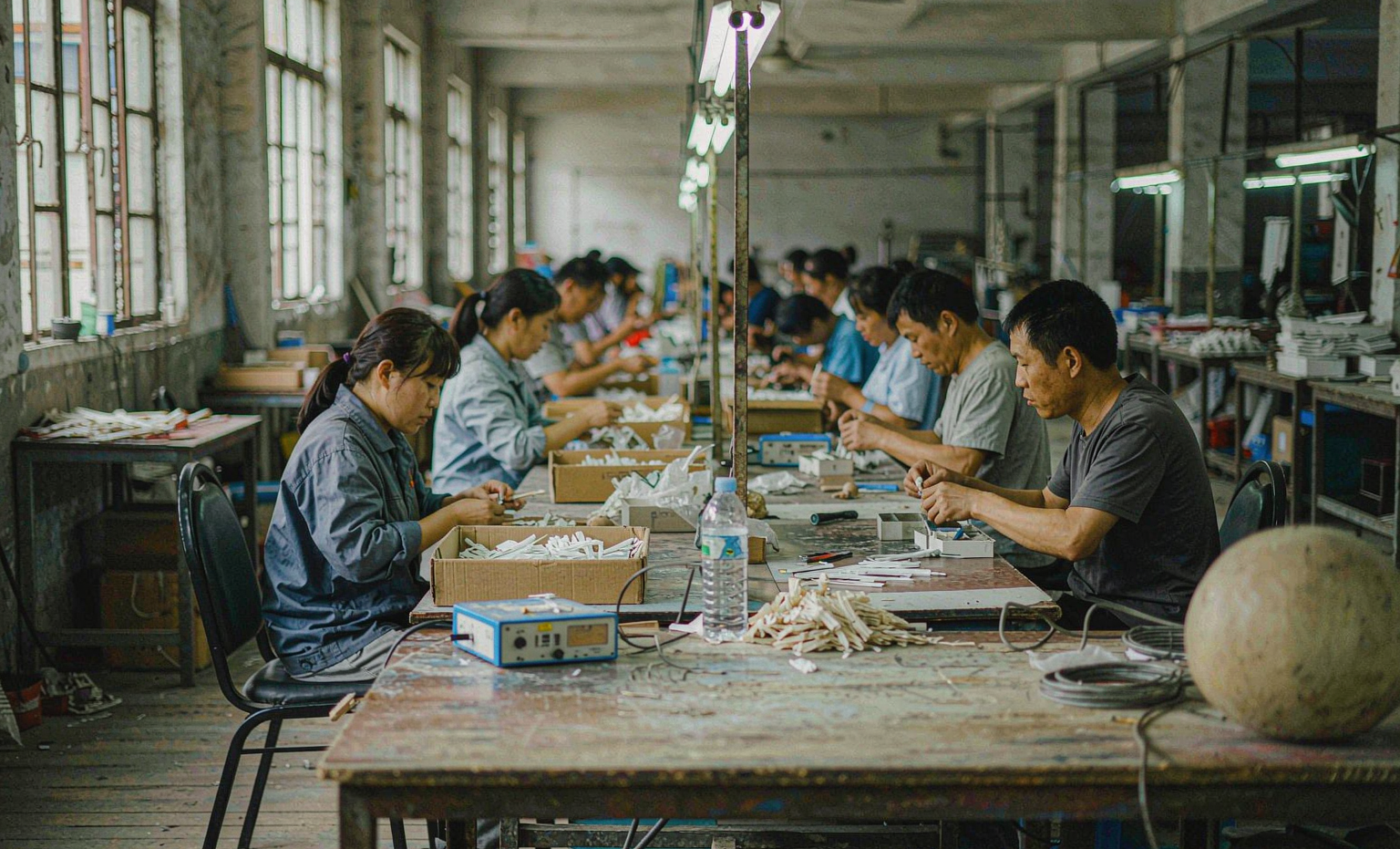 Workers assembling products by hand at long workbenches inside a daylight-lit factory