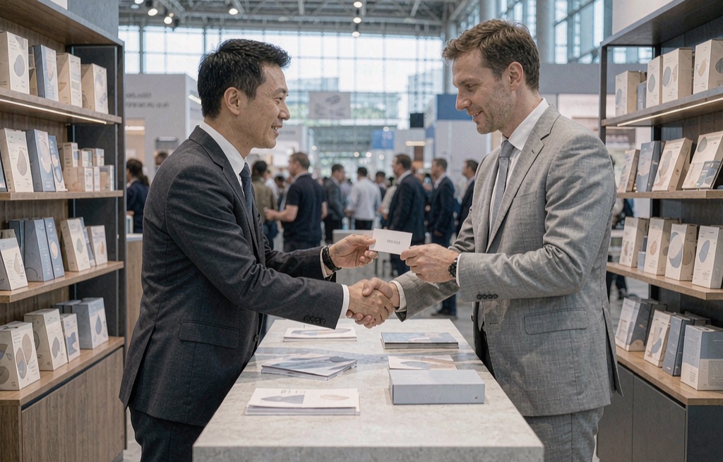 A buyer and a supplier representative exchanging business cards at a trade fair booth