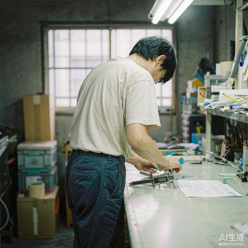 A quality inspector checking product samples against a printed specification sheet at a factory workbench
