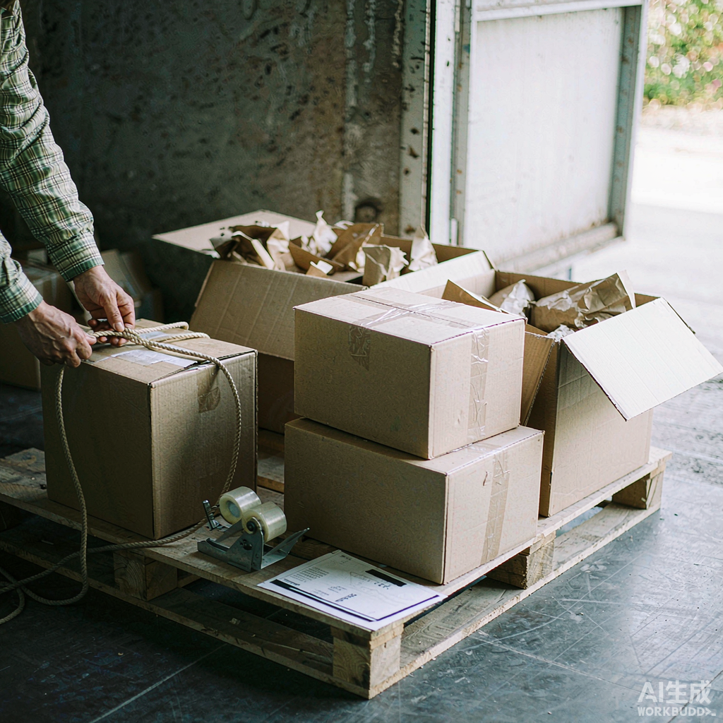 Sealed cartons stacked on a pallet in a warehouse packing and dispatch area