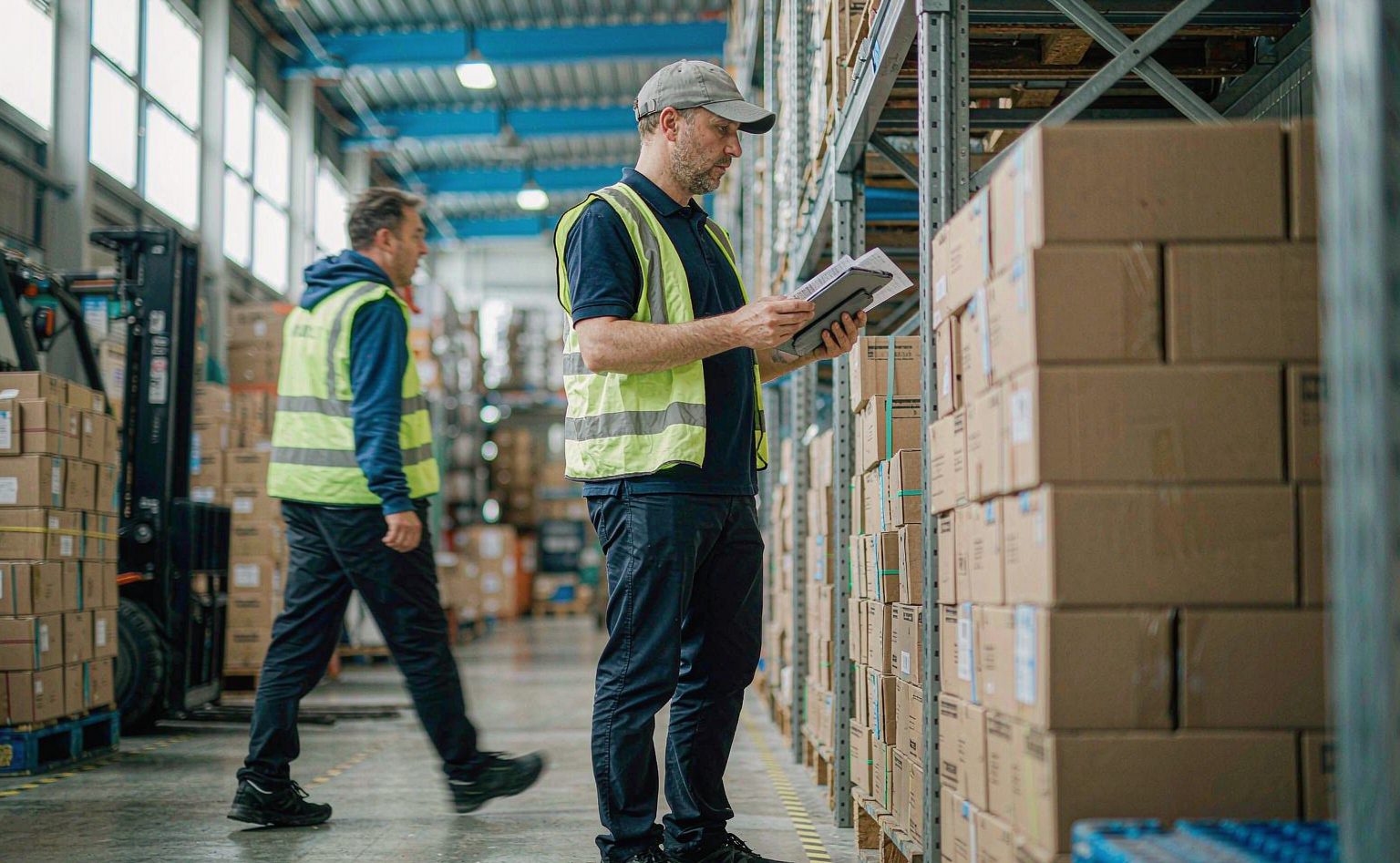 A procurement specialist checking a packing list against inventory on warehouse racking while a colleague walks past